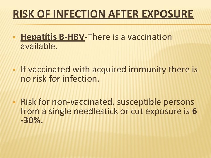 RISK OF INFECTION AFTER EXPOSURE § Hepatitis B-HBV-There is a vaccination available. § If