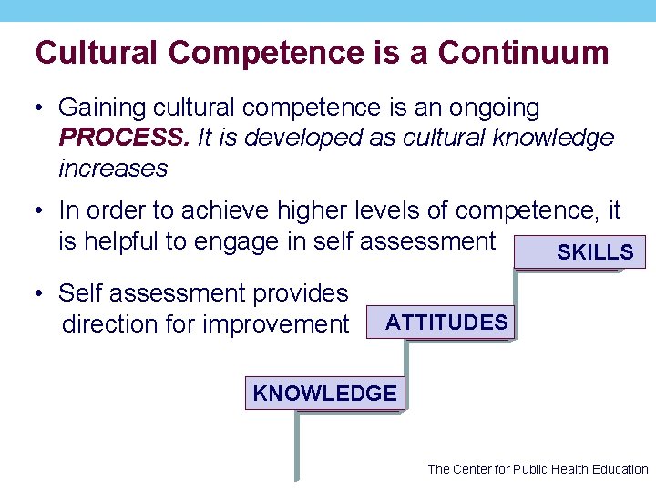 Cultural Competence is a Continuum • Gaining cultural competence is an ongoing PROCESS. It