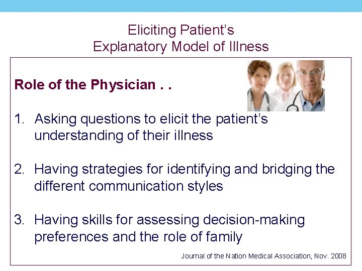 Eliciting Patient’s Explanatory Model of Illness Role of the Physician. . 1. Asking questions