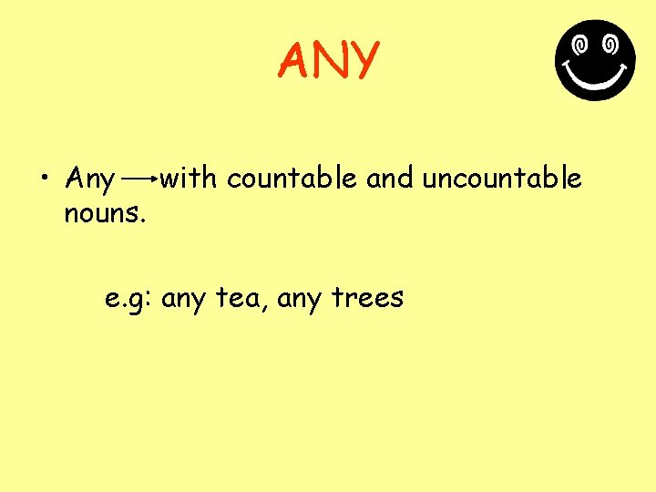 ANY • Any with countable and uncountable nouns. e. g: any tea, any trees