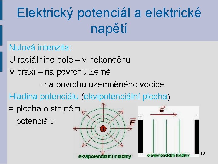 Elektrický potenciál a elektrické napětí Nulová intenzita: U radiálního pole – v nekonečnu V