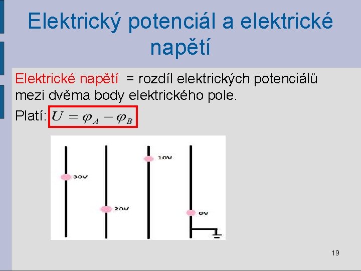 Elektrický potenciál a elektrické napětí Elektrické napětí = rozdíl elektrických potenciálů mezi dvěma body