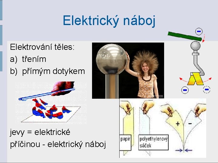 Elektrický náboj Elektrování těles: a) třením b) přímým dotykem jevy = elektrické příčinou -