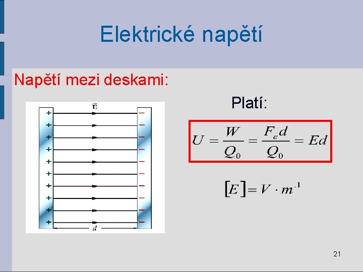 Elektrické napětí Napětí mezi deskami: Platí: 21 