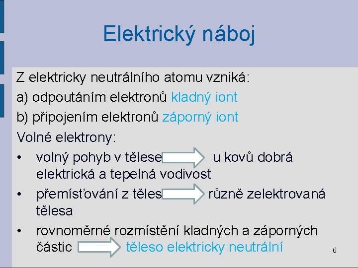 Elektrický náboj Z elektricky neutrálního atomu vzniká: a) odpoutáním elektronů kladný iont b) připojením