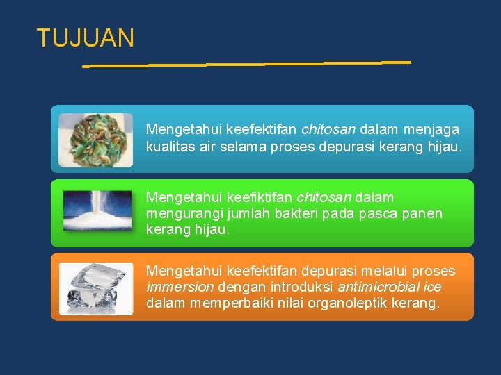 TUJUAN Mengetahui keefektifan chitosan dalam menjaga kualitas air selama proses depurasi kerang hijau. Mengetahui