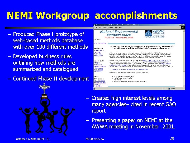 NEMI Workgroup accomplishments – Produced Phase I prototype of web-based methods database with over