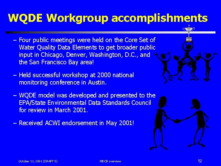 WQDE Workgroup accomplishments – Four public meetings were held on the Core Set of