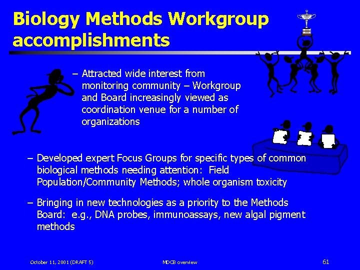 Biology Methods Workgroup accomplishments – Attracted wide interest from monitoring community – Workgroup and