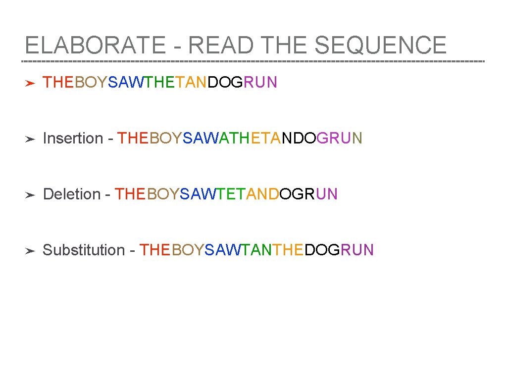 ELABORATE - READ THE SEQUENCE ➤ THEBOYSAWTHETANDOGRUN ➤ Insertion - THEBOYSAWATHETANDOGRUN ➤ Deletion -