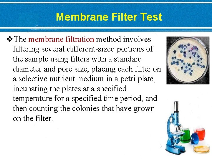 Membrane Filter Test v. The membrane filtration method involves filtering several different-sized portions of