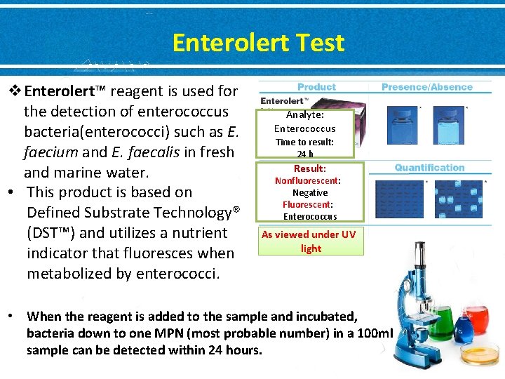 Enterolert Test v. Enterolert™ reagent is used for the detection of enterococcus bacteria(enterococci) such
