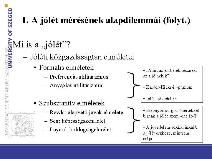 1. A jólét mérésének alapdilemmái (folyt. ) Mi is a „jólét”? – Jóléti közgazdaságtan