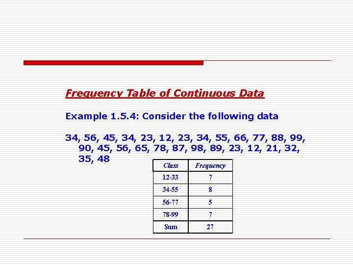 Frequency Table of Continuous Data Example 1. 5. 4: Consider the following data 34, Frequency Table of Continuous Data Example 1. 5. 4: Consider the following data 34,