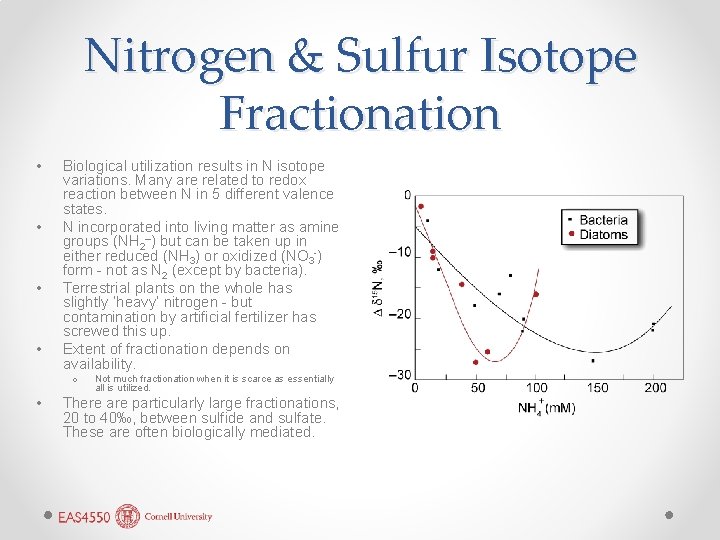 Nitrogen & Sulfur Isotope Fractionation • • Biological utilization results in N isotope variations.