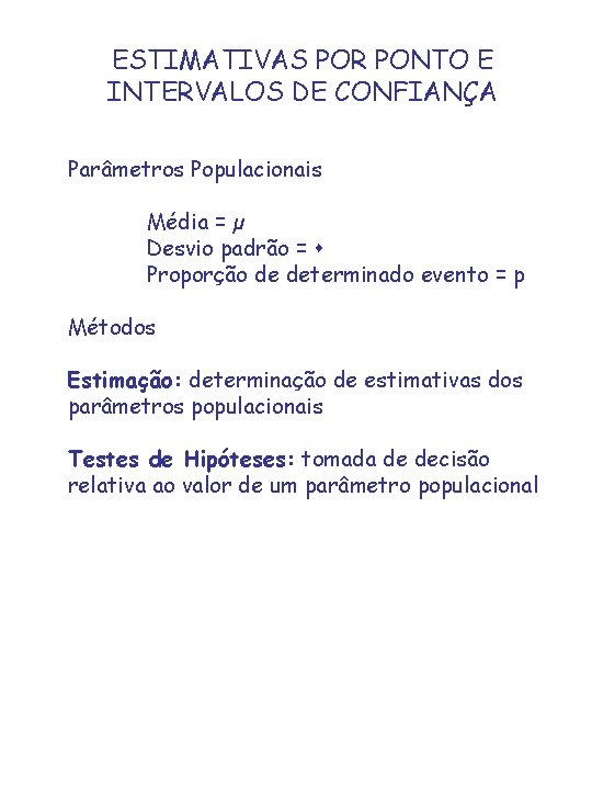 ESTIMATIVAS POR PONTO E INTERVALOS DE CONFIANÇA Parâmetros Populacionais Média = µ Desvio padrão