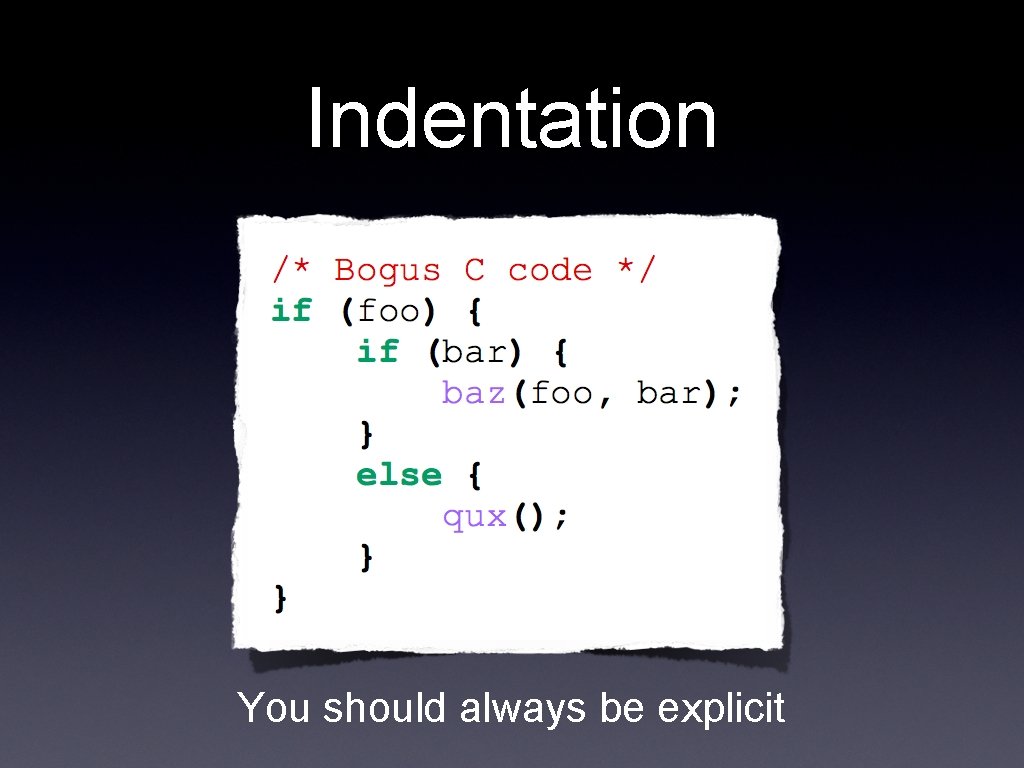 Indentation You should always be explicit 