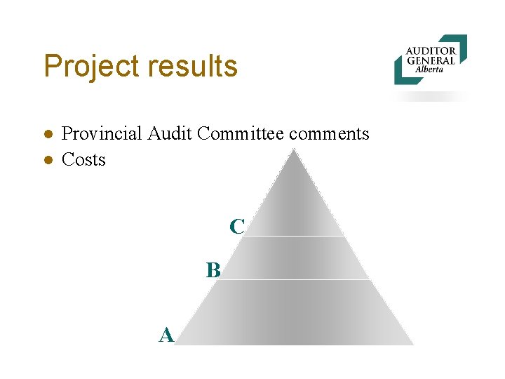 Project results l l Provincial Audit Committee comments Costs C B A 