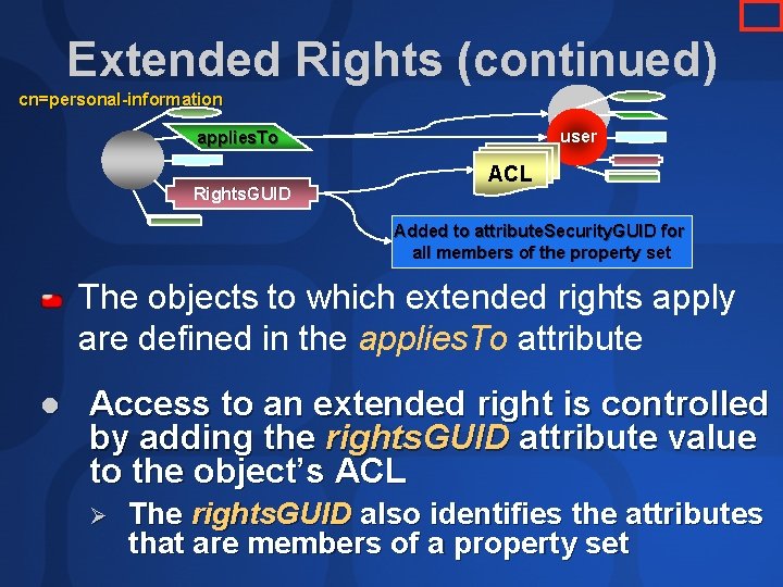 Extended Rights (continued) cn=personal-information user applies. To Rights. GUID ACL Added to attribute. Security. Extended Rights (continued) cn=personal-information user applies. To Rights. GUID ACL Added to attribute. Security.