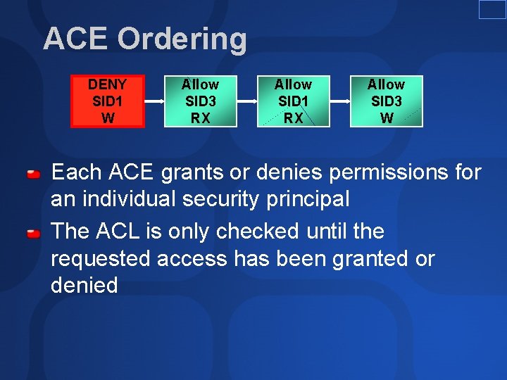 ACE Ordering DENY SID 1 W Allow SID 3 RX Allow SID 1 RX ACE Ordering DENY SID 1 W Allow SID 3 RX Allow SID 1 RX
