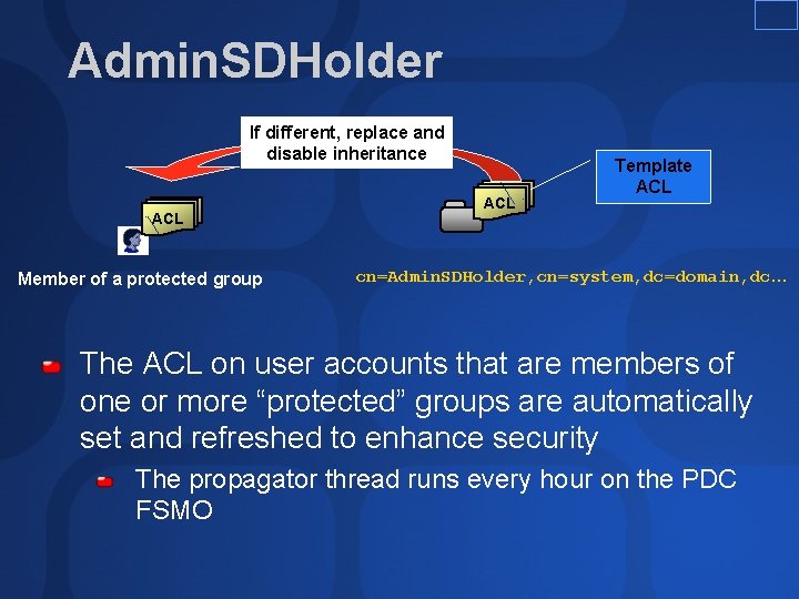 Admin. SDHolder If different, replace and disable inheritance ACL Member of a protected group Admin. SDHolder If different, replace and disable inheritance ACL Member of a protected group