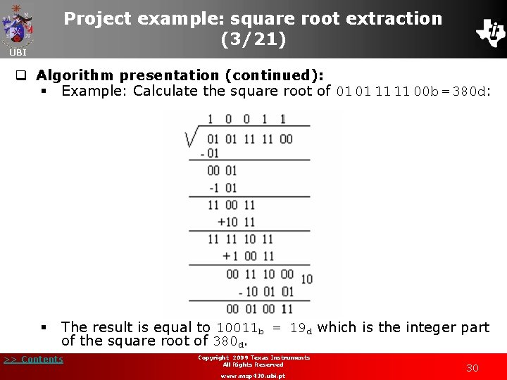 Project example: square root extraction (3/21) UBI q Algorithm presentation (continued): § Example: Calculate