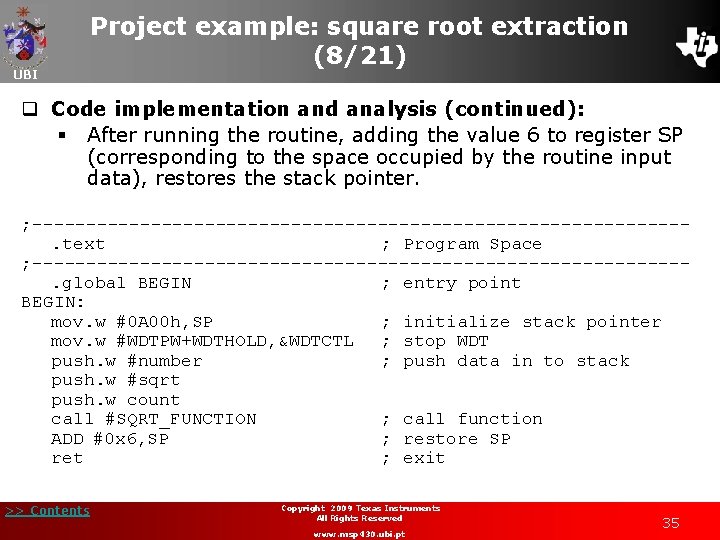 UBI Project example: square root extraction (8/21) q Code implementation and analysis (continued): §