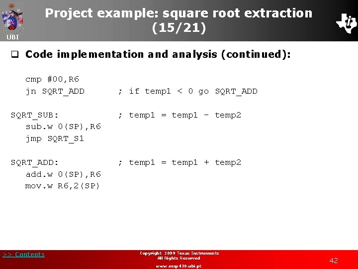 Project example: square root extraction (15/21) UBI q Code implementation and analysis (continued): cmp