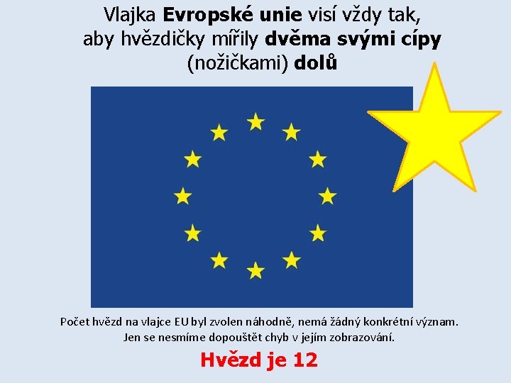 Vlajka Evropské unie visí vždy tak, aby hvězdičky mířily dvěma svými cípy (nožičkami) dolů