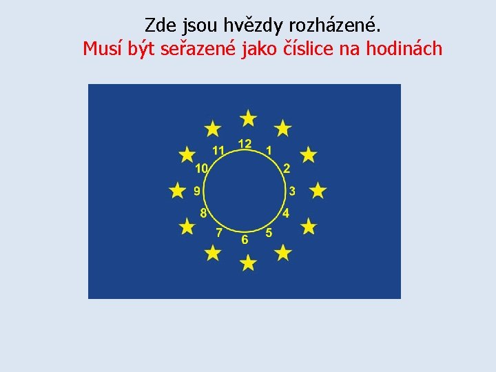 Zde jsou hvězdy rozházené. Musí být seřazené jako číslice na hodinách 