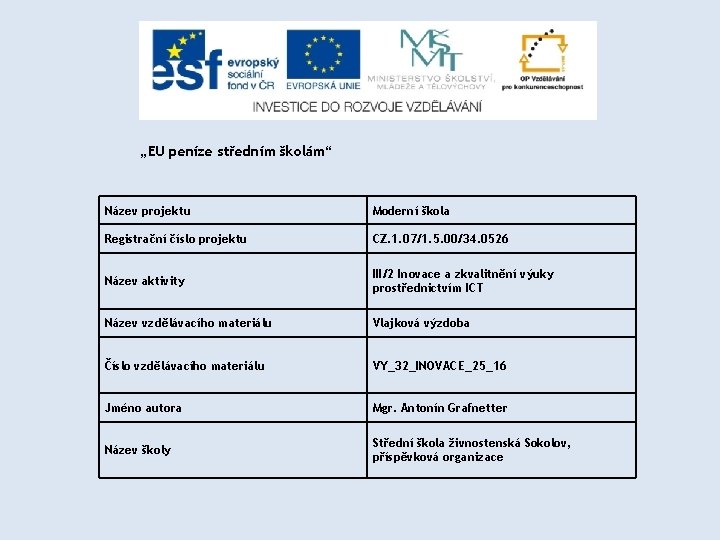 „EU peníze středním školám“ Název projektu Moderní škola Registrační číslo projektu CZ. 1. 07/1.