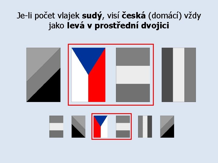 Je-li počet vlajek sudý, visí česká (domácí) vždy jako levá v prostřední dvojici 