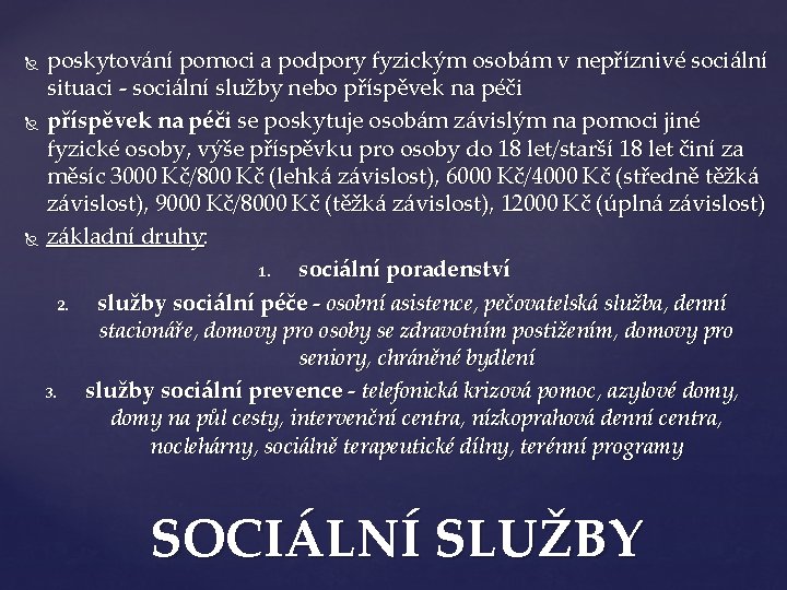 poskytování pomoci a podpory fyzickým osobám v nepříznivé sociální situaci - sociální služby nebo