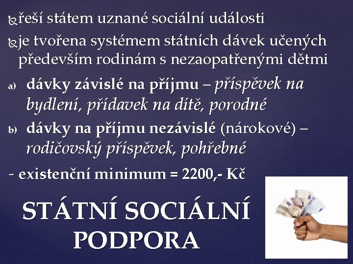 řeší státem uznané sociální události je tvořena systémem státních dávek učených především rodinám s