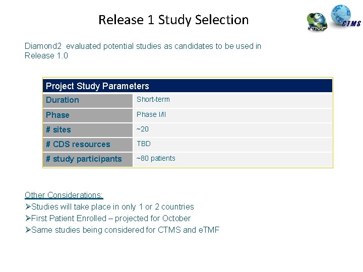 Release 1 Study Selection Diamond 2 evaluated potential studies as candidates to be used