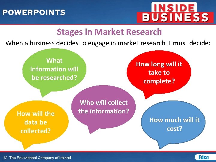 Stages in Market Research When a business decides to engage in market research it