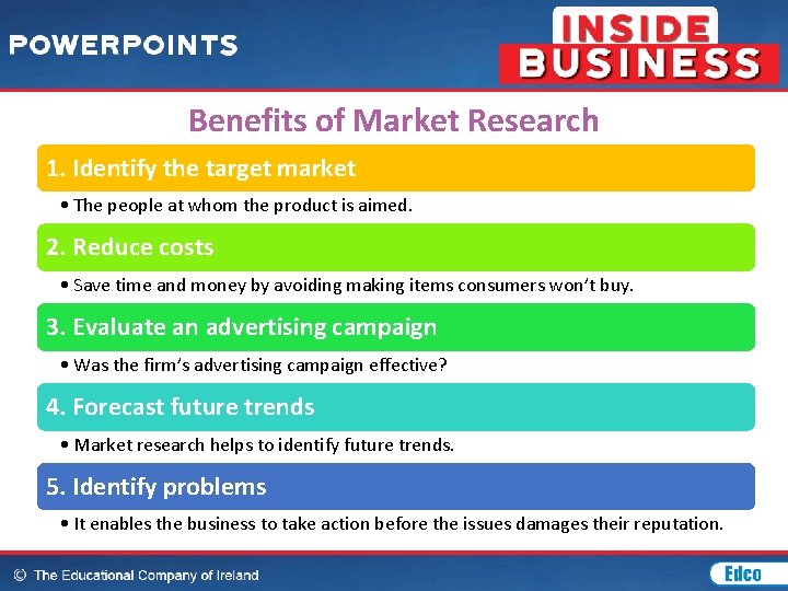 Benefits of Market Research 1. Identify the target market • The people at whom