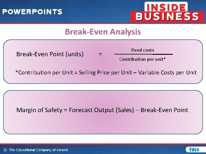 Break-Even Analysis Break-Even Point (units) = Fixed costs Contribution per unit* *Contribution per Unit