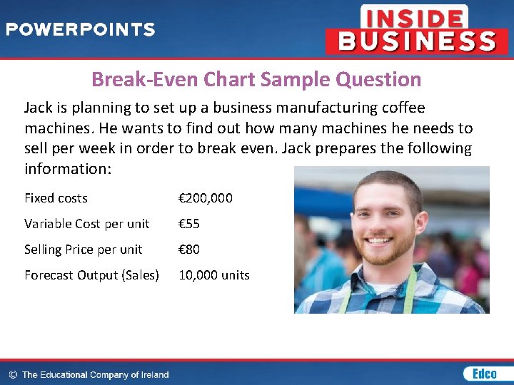 Break-Even Chart Sample Question Jack is planning to set up a business manufacturing coffee