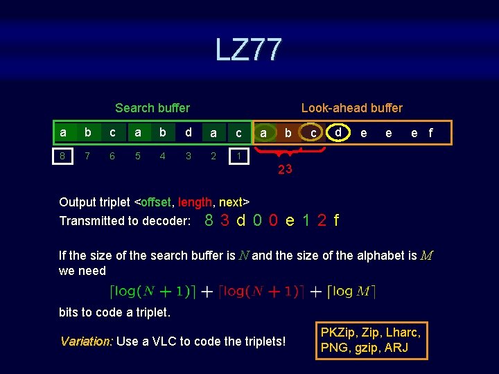 LZ 77 Search buffer Look-ahead buffer a b c a b d a c