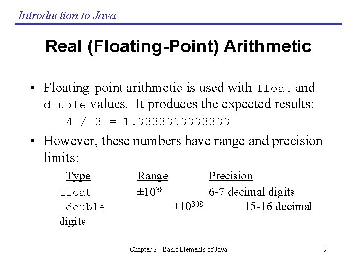 Introduction to Java Real (Floating-Point) Arithmetic • Floating-point arithmetic is used with float and Introduction to Java Real (Floating-Point) Arithmetic • Floating-point arithmetic is used with float and