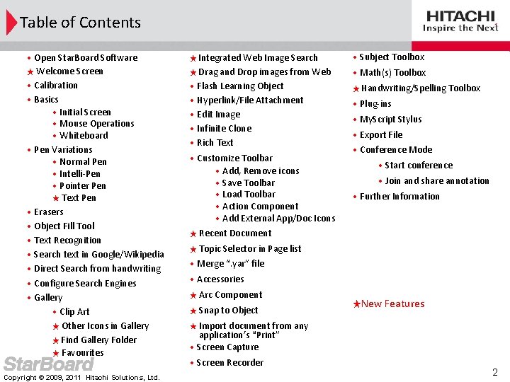 Table of Contents • Open Star. Board Software ★ Welcome Screen • Calibration •