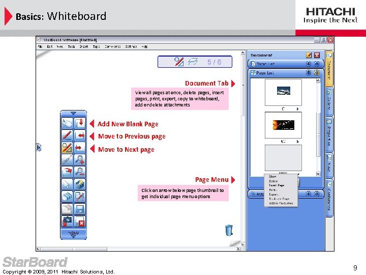 Basics: Whiteboard Document Tab View all pages at once, delete pages, insert pages, print,