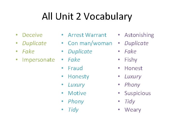 All Unit 2 Vocabulary • • Deceive Duplicate Fake Impersonate • • • Arrest