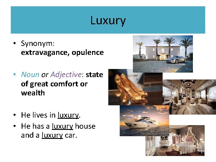 Luxury • Synonym: extravagance, opulence • Noun or Adjective: state of great comfort or