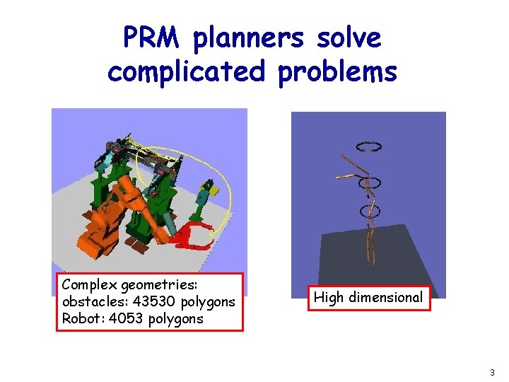 PRM planners solve complicated problems Complex geometries: obstacles: 43530 polygons Robot: 4053 polygons High