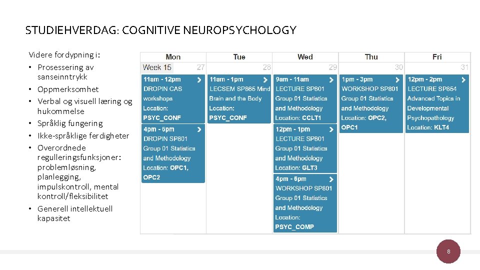 STUDIEHVERDAG: COGNITIVE NEUROPSYCHOLOGY Videre fordypning i: • Prosessering av sanseinntrykk • Oppmerksomhet • Verbal