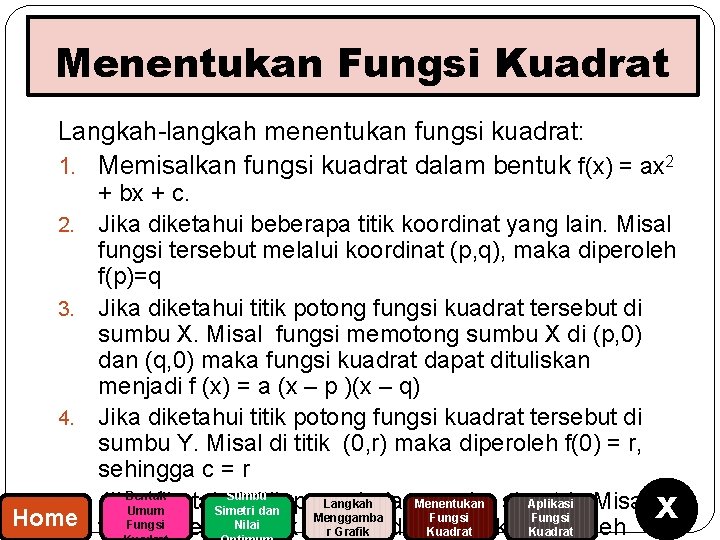 Menentukan Fungsi Kuadrat Langkah-langkah menentukan fungsi kuadrat: 1. Memisalkan fungsi kuadrat dalam bentuk f(x)