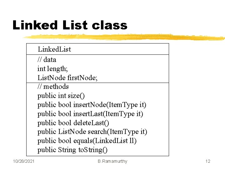 Linked List class Linked. List // data int length; List. Node first. Node; //