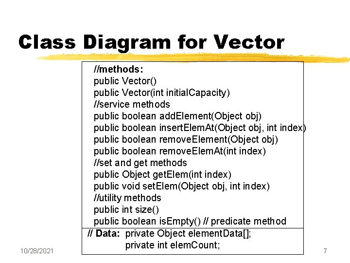Class Diagram for Vector 10/28/2021 //methods: public Vector() public Vector(int initial. Capacity) //service methods
